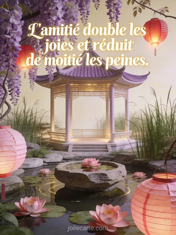 Texte crème calligraphié dans un jardin asiatique avec glycine en cascade, lotus roses et lanternes en papier