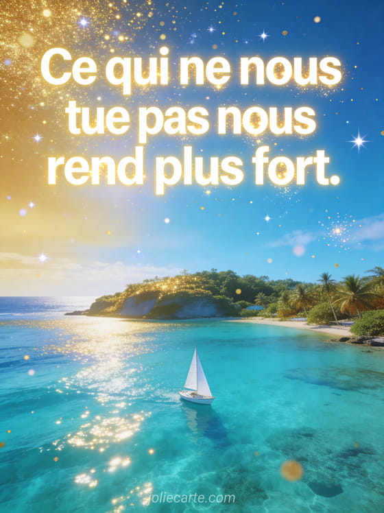 Baie turquoise tropicale avec petit voilier blanc sur eaux cristallines et scintillements dorés dans le ciel