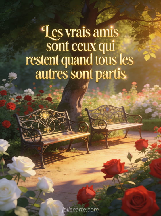 Texte doré élégant dans un jardin fleuri de roses rouges et blanches avec deux bancs en fer forgé sous un arbre centenaire