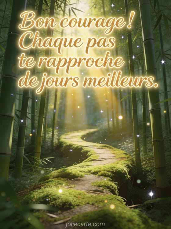 Bambouseraie luxuriante avec rais de lumière dorée filtrant entre les tiges et sentier sinueux couvert de mousse