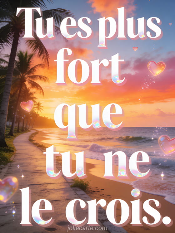 Chemin bordé de palmiers le long de la mer avec coucher de soleil flamboyant aux teintes orangées et coeurs lumineux