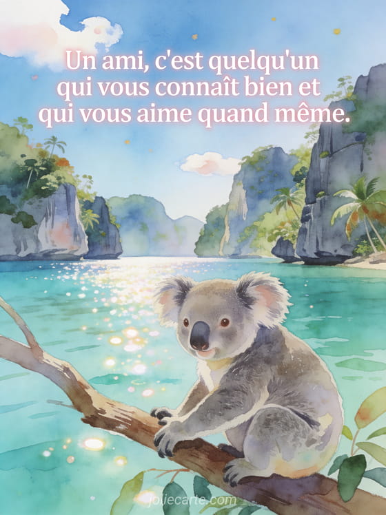 Texte blanc épuré sur les lacs émeraude de Coron entourés de falaises calcaires avec un koala en aquarelle