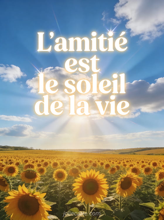 Texte blanc lumineux sur un champ de tournesols dorés sous un ciel bleu avec rayons de soleil traversant les nuages