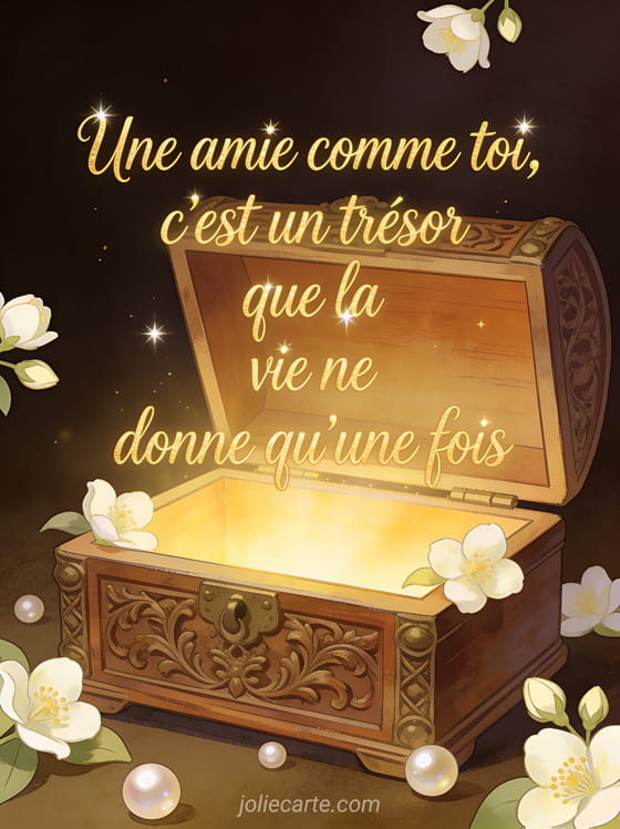 Texte cursif doré scintillant avec un coffret ancien en bois entrouvert, fleurs de jasmin et perles dans une ambiance féérique