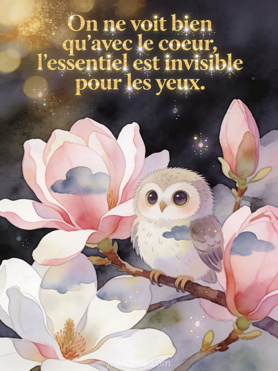 Texte doré sparkle avec magnolias roses, bébé chouette en aquarelle perchée sur une branche et paillettes lumineuses
