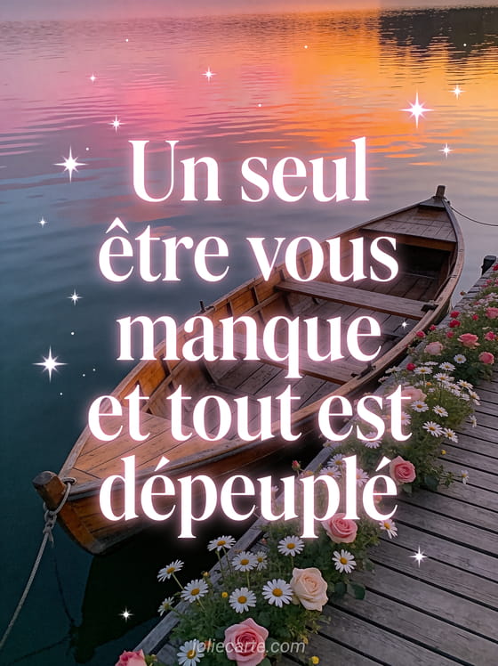 Texte blanc élégant sur un lac au crépuscule avec reflets roses, barque en bois sur un ponton fleuri et étoiles naissantes