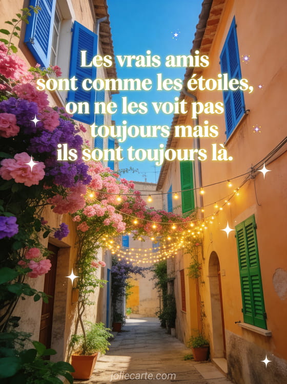 Texte blanc lumineux sur une ruelle italienne avec bougainvilliers roses et violets, volets colorés et guirlandes lumineuses