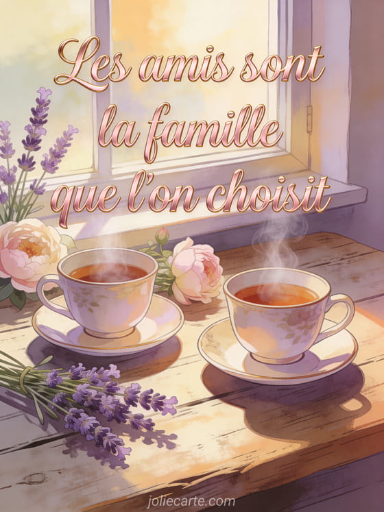 Texte rose-doré calligraphié avec deux tasses de thé fumantes sur une table rustique, lavande et pivoines dans une lumière chaude