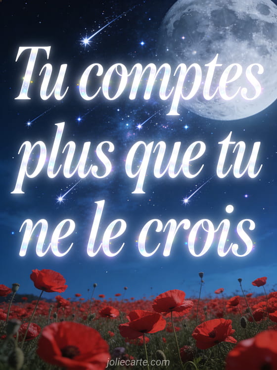 Texte blanc lumineux scintillant sous un ciel étoilé au-dessus d'un champ de coquelicots rouges avec étoiles filantes
