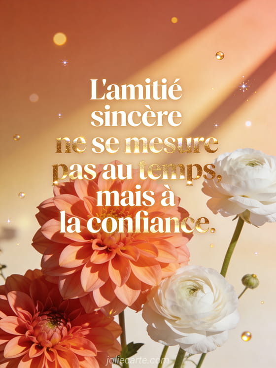 Texte crème avec reflets dorés sur une composition de dahlias corail et renoncules blanches dans une lumière rasante dorée