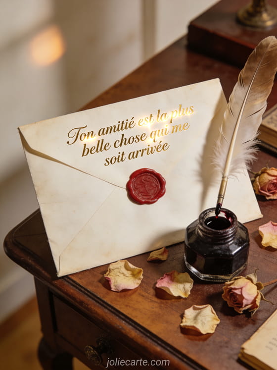 Texte doré cursif avec enveloppe ancienne cachetée à la cire rouge, plume d'oie, encrier et pétales de roses séchées