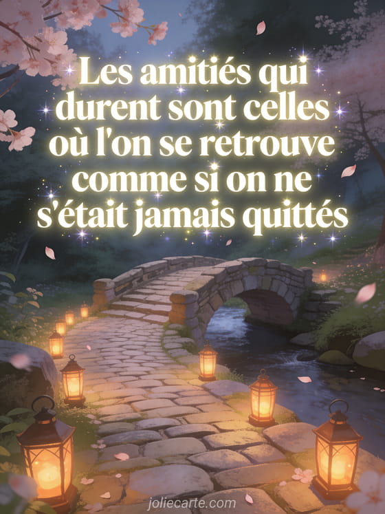 Texte blanc scintillant sur un chemin pavé bordé de lanternes menant à un pont de pierre, fleurs de cerisier tombantes