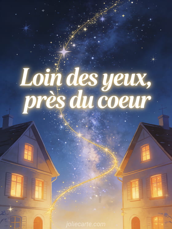 Texte blanc lumineux avec deux fenêtres éclairées reliées par un fil doré sous un ciel étoilé dans la nuit bleue