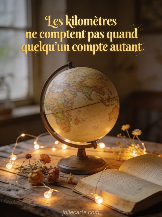 Texte doré scintillant avec un globe terrestre vintage entouré de guirlandes lumineuses, fleurs séchées et livre ouvert