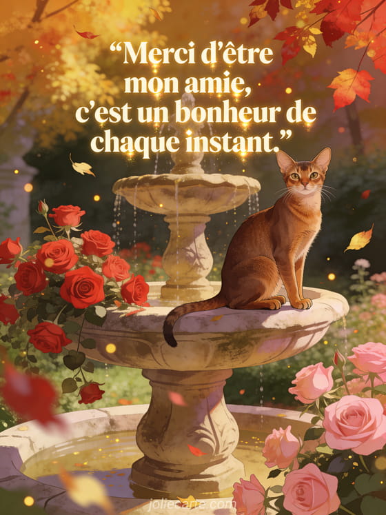 Fontaine ancienne en pierre entourée de roses rouges et roses dans un jardin d'automne avec un chat abyssin et le texte Merci d'être mon amie