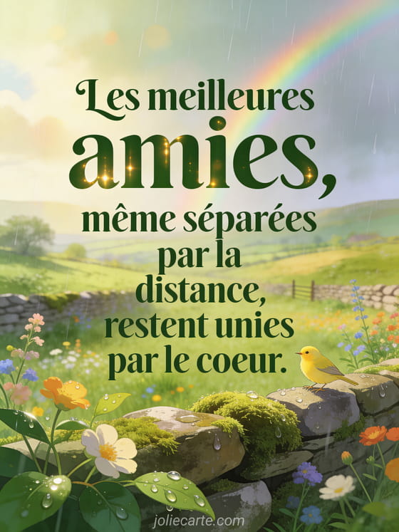 Texte vert foncé avec reflets dorés sur un paysage irlandais verdoyant avec murets de pierre, canari jaune en illustration