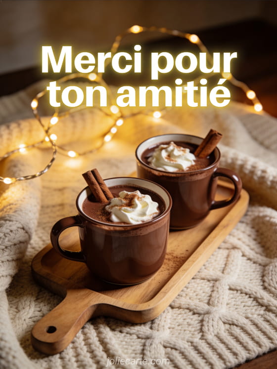 Deux tasses de chocolat chaud avec crème et cannelle sur un plateau en bois avec couverture en laine et guirlande lumineuse et le texte Merci pour ton amitié