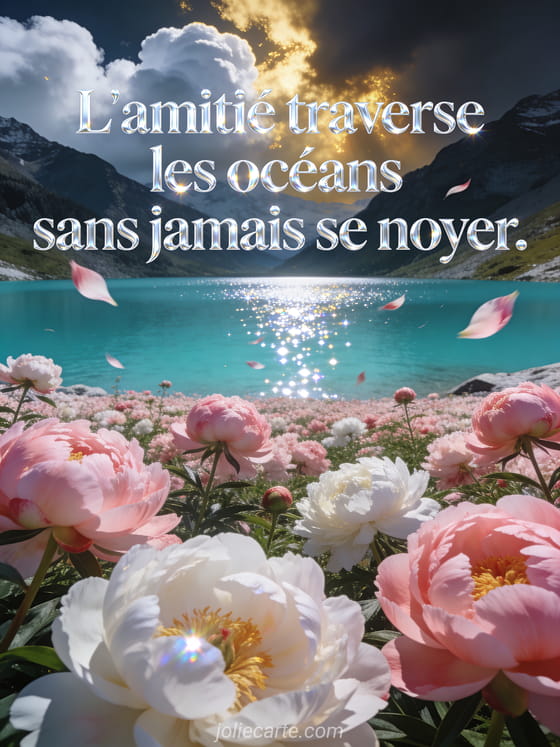 Texte blanc avec reflets argentés sur un champ de pivoines roses face à un lac alpin turquoise entouré de montagnes