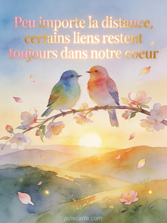 Texte rose-doré avec deux oiseaux colorés sur une branche fleurie au lever du soleil, pétales volant dans le vent en aquarelle