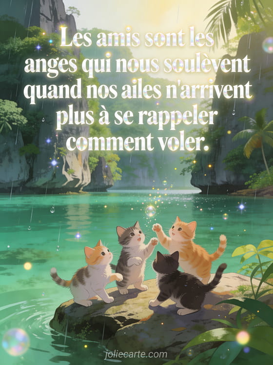 Lacs émeraude de Coron entre falaises calcaires tropicales avec des chatons jouant sur un rocher en illustration et le texte sur les amis et les anges
