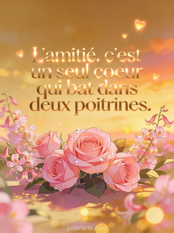 Roses avec gouttes de rosée sur fond doré avec chèvrefeuille en fleurs, crépuscule ambré, coeurs lumineux flottants et le texte sur l'amitié