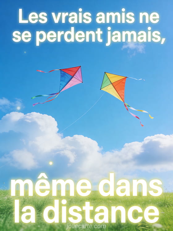 Texte blanc lumineux avec deux cerfs-volants colorés volant côte à côte dans un ciel bleu avec nuages cotonneux et champ vert