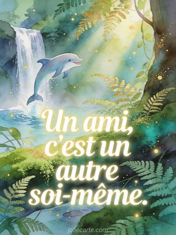 Sous-bois féerique avec mousse émeraude et fougères, un dauphin bondissant dans une cascade en illustration aquarelle et le texte Un ami c'est un autre soi-même