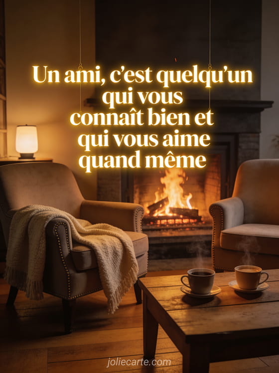 Feu de cheminée crépitant avec deux fauteuils côte à côte, plaid en laine, tasses fumantes sur une table basse dans une ambiance chaleureuse et le texte sur l'amitié