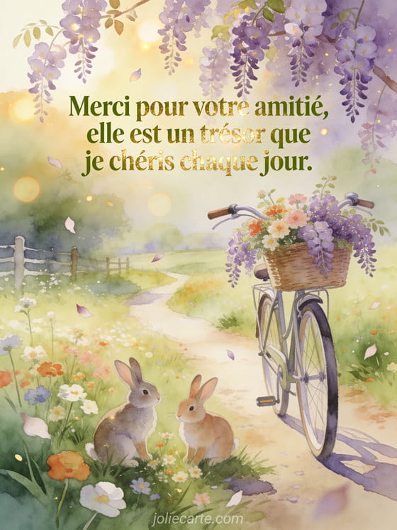 Texte vert olive avec reflets dorés, vélo vintage avec panier de glycine sur un chemin de campagne, deux lapins en aquarelle