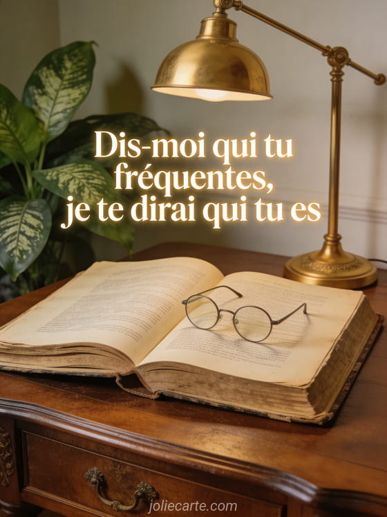 Grand livre ancien ouvert sur un bureau en bois noble avec lunettes rondes, lumière dorée d'une lampe vintage et plante verte et le texte Dis-moi qui tu fréquentes