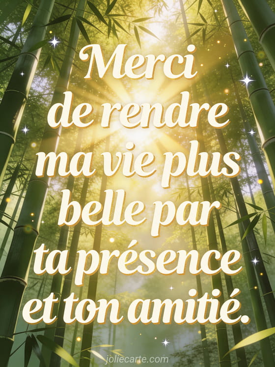 Texte crème avec reflets dorés dans une bambouseraie luxuriante avec lumière filtrée du matin et particules lumineuses