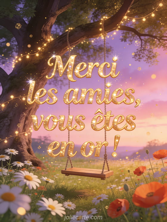 Texte doré brillant avec balançoire en bois sous un grand chêne dans un pré fleuri de marguerites au crépuscule rose