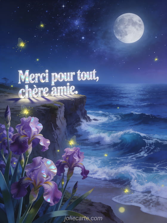 Texte blanc nacré sur une falaise côtière avec océan bleu, iris violets et lucioles scintillantes sous un ciel étoilé