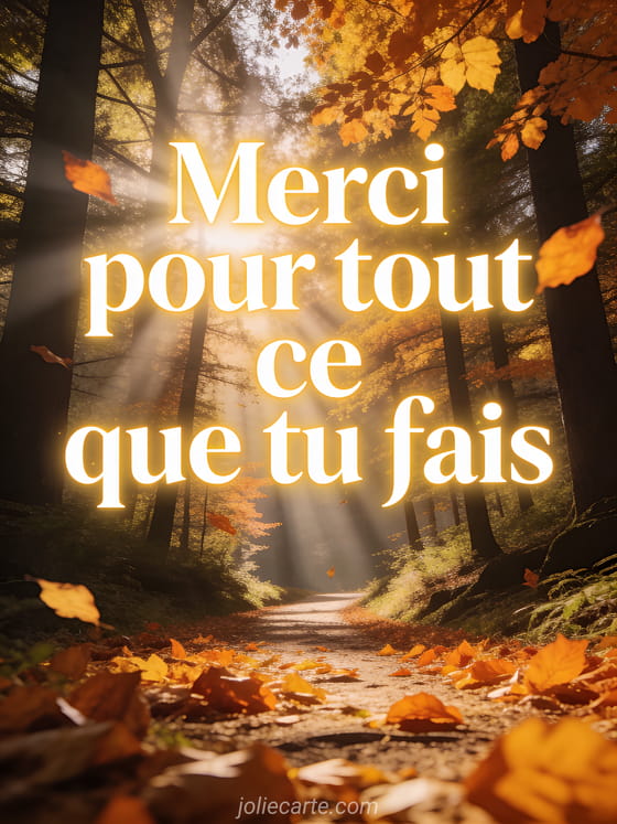 Texte blanc lumineux avec halo doré sur un chemin forestier en automne baigné de lumière dorée et feuilles orangées