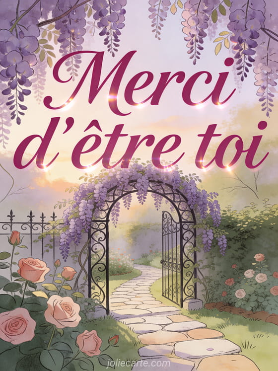 Texte rose foncé calligraphié dans un jardin secret avec arche de glycine mauve, allée de pierres bordée de roses
