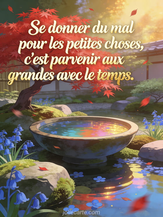 Texte crème calligraphié dans un jardin japonais avec érable rouge au-dessus d'un bassin, bleuets entre les pierres moussues