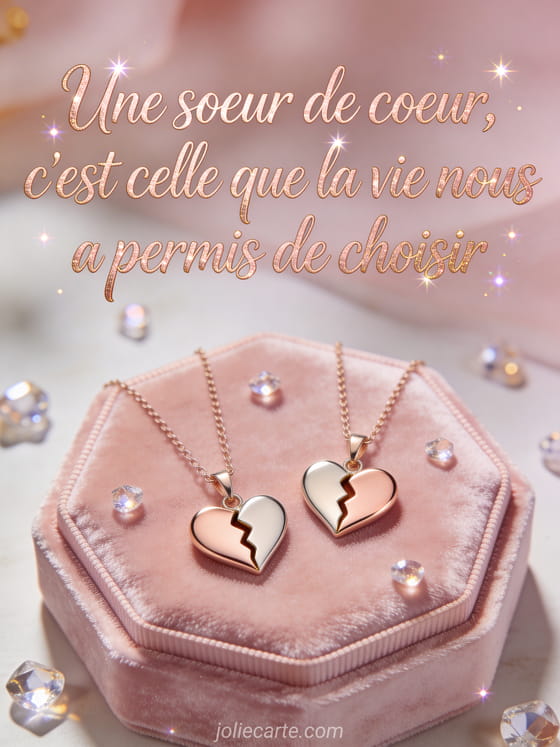 Texte rose-doré calligraphié avec deux pendentifs coeur sur coussin de velours rose, cristaux brillants dans une lumière féérique