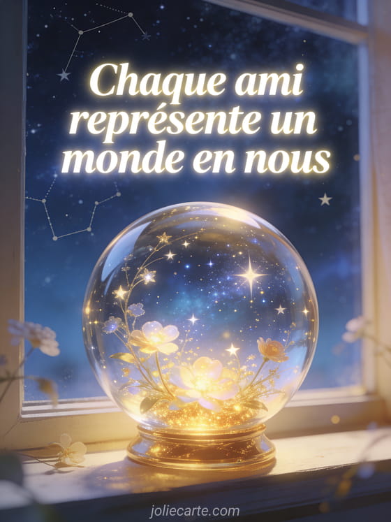 Texte blanc lumineux avec un globe de verre féérique contenant étoiles et fleurs, posé sur un rebord de fenêtre étoilé