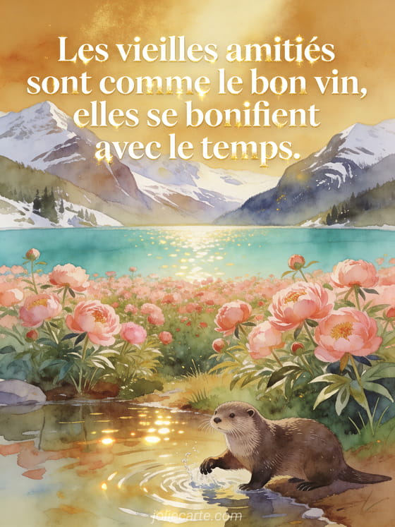 Texte crème avec reflets dorés sur un champ de pivoines roses face à un lac alpin turquoise, loutre en aquarelle