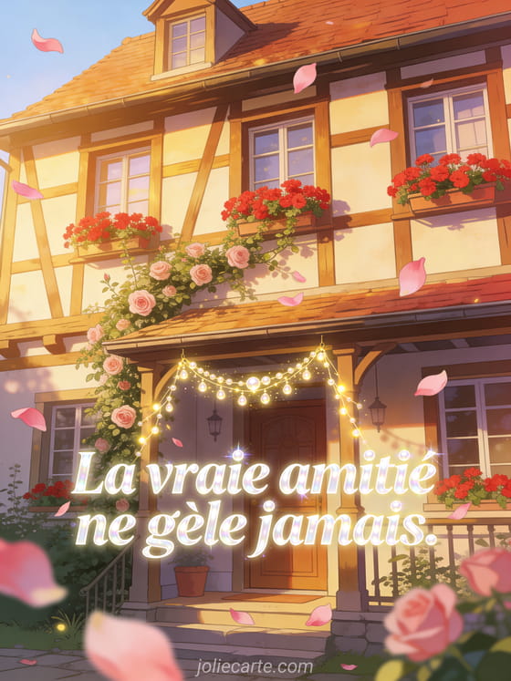 Texte blanc nacré sur une maison à colombages fleurie de géraniums rouges et rosier grimpant, lumière dorée du matin