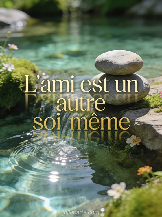 Texte doré minimaliste avec deux pierres empilées en équilibre au bord d'une source cristalline, mousse verte et fleurs