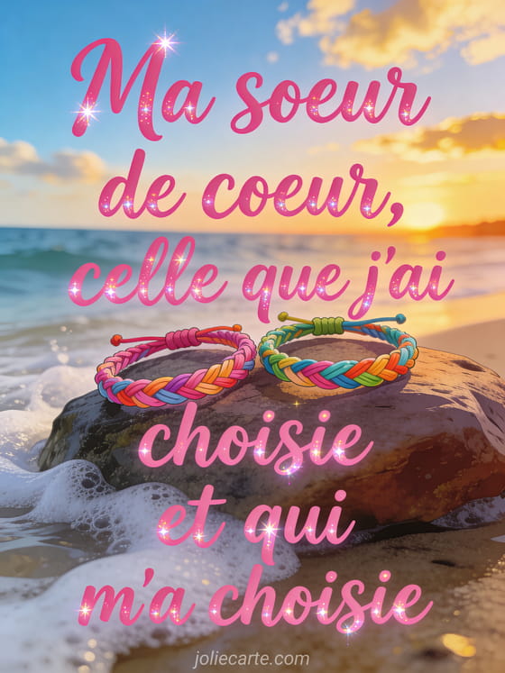 Texte rose vif manuscrit avec deux bracelets d'amitié tressés colorés sur un rocher au bord de la mer au coucher du soleil
