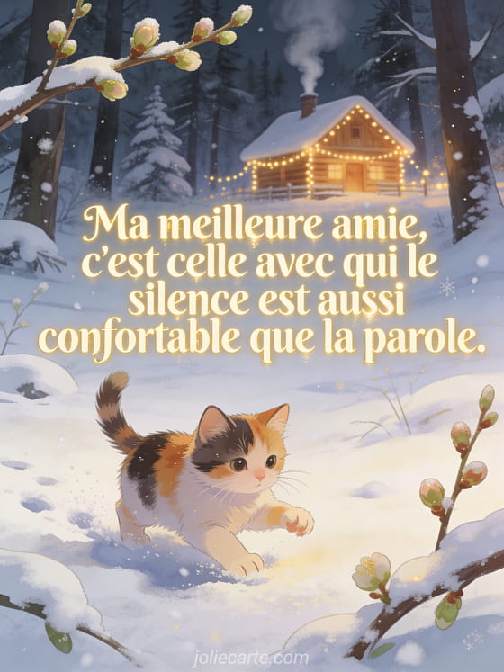 Texte crème doré dans une forêt enneigée avec cabane fumante, chaton tricolore jouant dans la neige en illustration