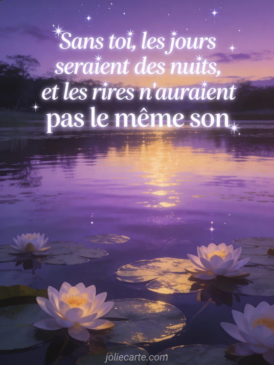 Texte blanc scintillant sur un lac miroir au crépuscule avec nénuphars en fleur, ciel violet et doré avec étoiles naissantes