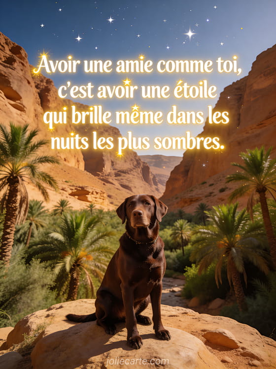 Texte blanc lumineux avec halo doré sur les gorges du Dadès au Maroc, labrador chocolat sur un rocher au golden hour