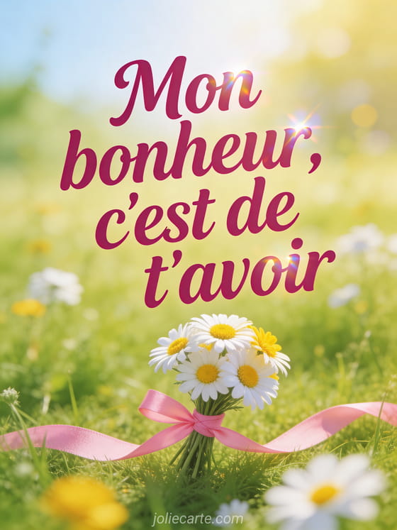 Texte rose foncé manuscrit avec petit bouquet de marguerites tenu par un ruban rose sur fond de prairie ensoleillée