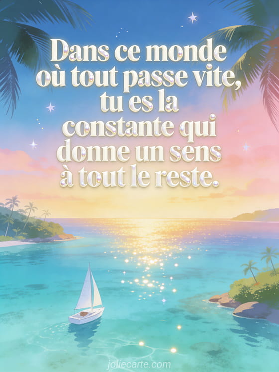 Texte crème nacré sur une baie turquoise tropicale avec voilier blanc, ciel dégradé bleu-rose-doré au crépuscule