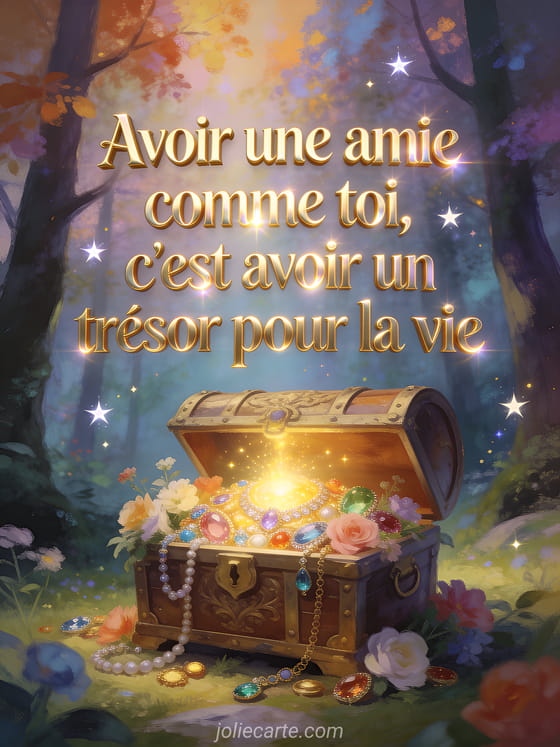 Texte doré brillant avec coffre au trésor ancien débordant de bijoux et fleurs, lumière dorée magique dans une forêt enchantée