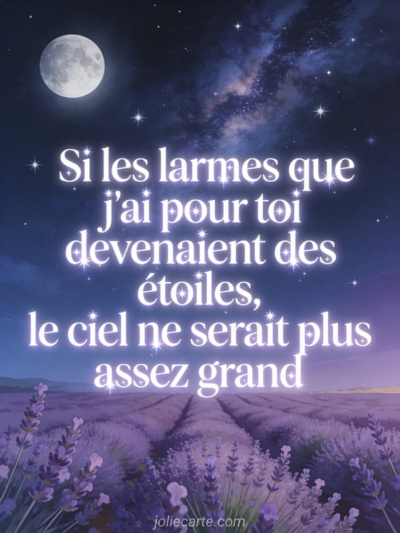 Texte blanc scintillant stellaire sous un ciel nocturne rempli d'étoiles et voie lactée au-dessus d'un champ de lavande