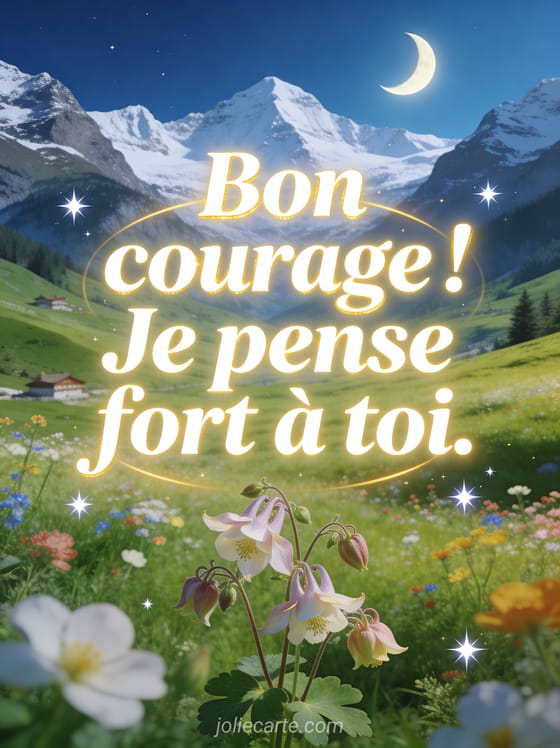 Texte blanc lumineux avec halo doré sur une vallée suisse verte avec prairies fleuries et sommets enneigés, chèvrefeuille